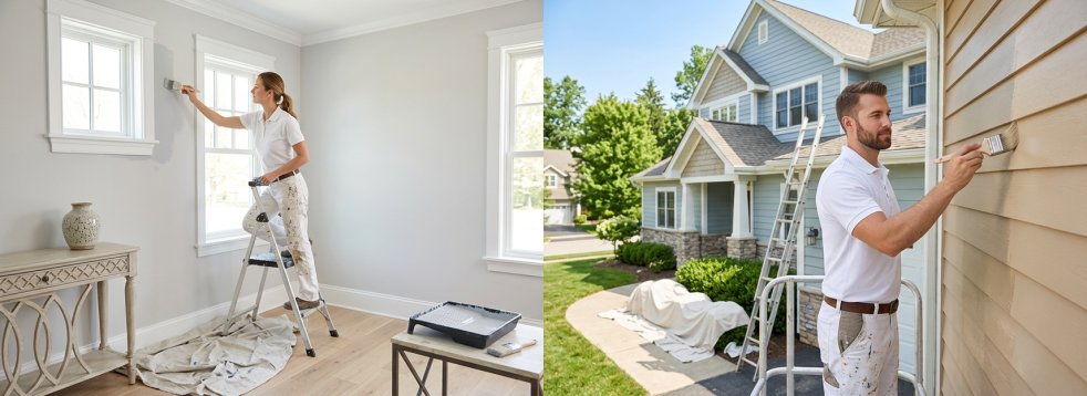 Painters painting interior walls and staining exterior house siding on a suburban home