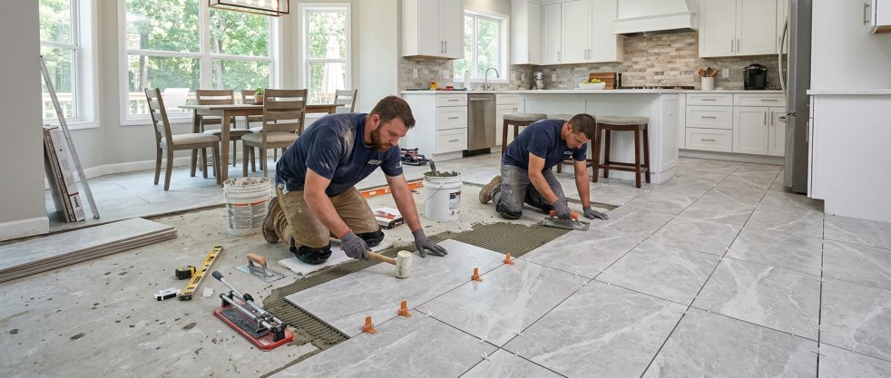 Two workers installing large floor tiles in a bright modern kitchen and dining area during home renovation