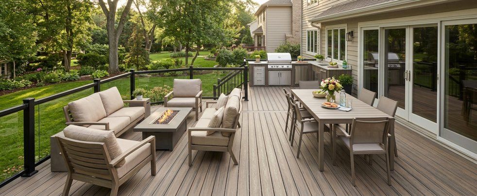 Renovated backyard deck with outdoor dining, lounge seating, fire table, and grill beside a suburban home