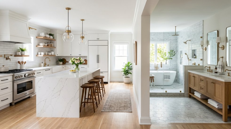 Open-concept kitchen and bathroom remodel with white cabinets, marble island, double vanity and walk-in shower