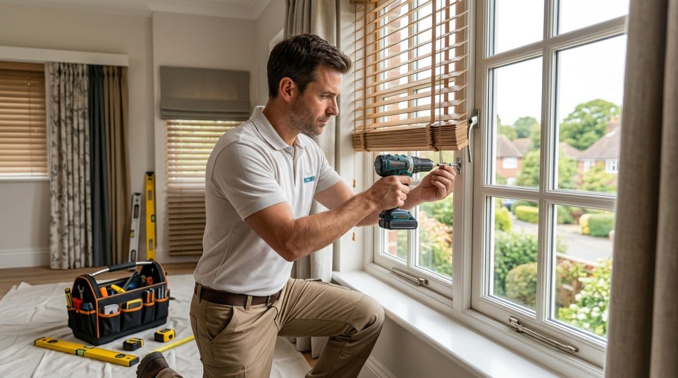 Technician installing wooden window blinds with a drill in a bright bedroom with curtains and tools nearby