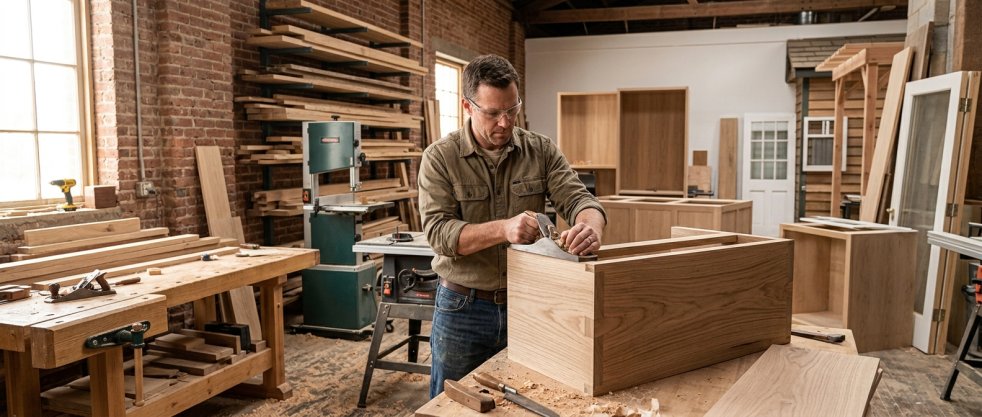 Carpenter planing a wooden cabinet in a woodworking shop surrounded by lumber and tools