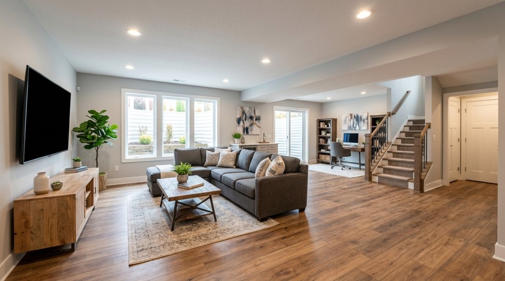Finished basement renovation with open living area, sectional sofa, wood flooring, home office nook and stairs