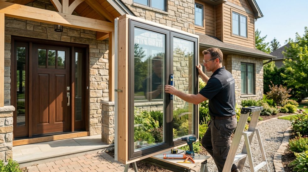 Technician adjusting a replacement window frame outside a stone house near the front door