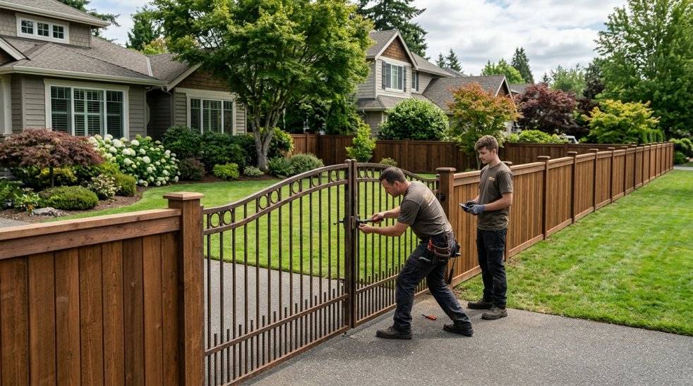 Workers installing a metal gate in a wooden backyard fence outside a suburban home