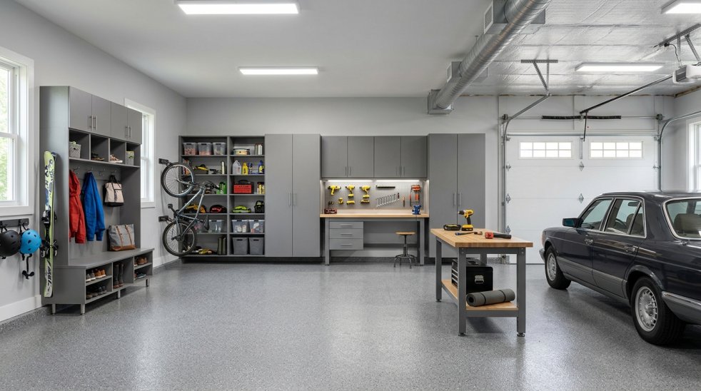 Renovated garage with storage cabinets, workbench, wall organizers, and parked car in a clean modern space