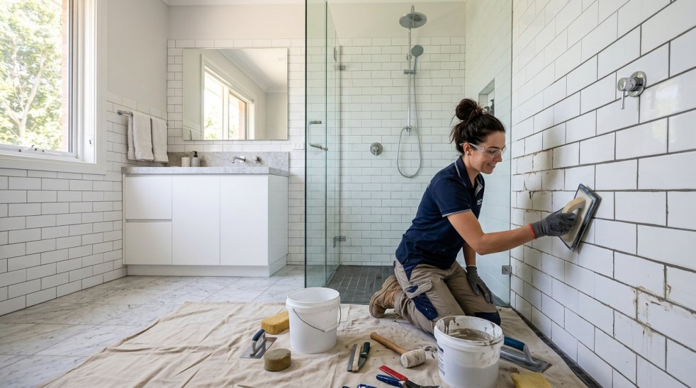 Worker applying grout to white subway tile wall in a modern bathroom shower during tile repair